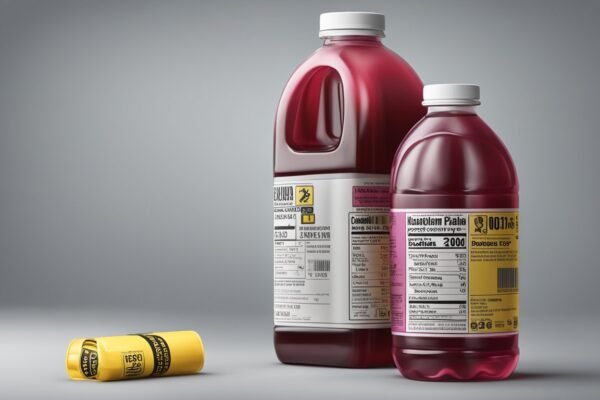Glass of cranberry juice with a bottle, highlighting spoilage signs.