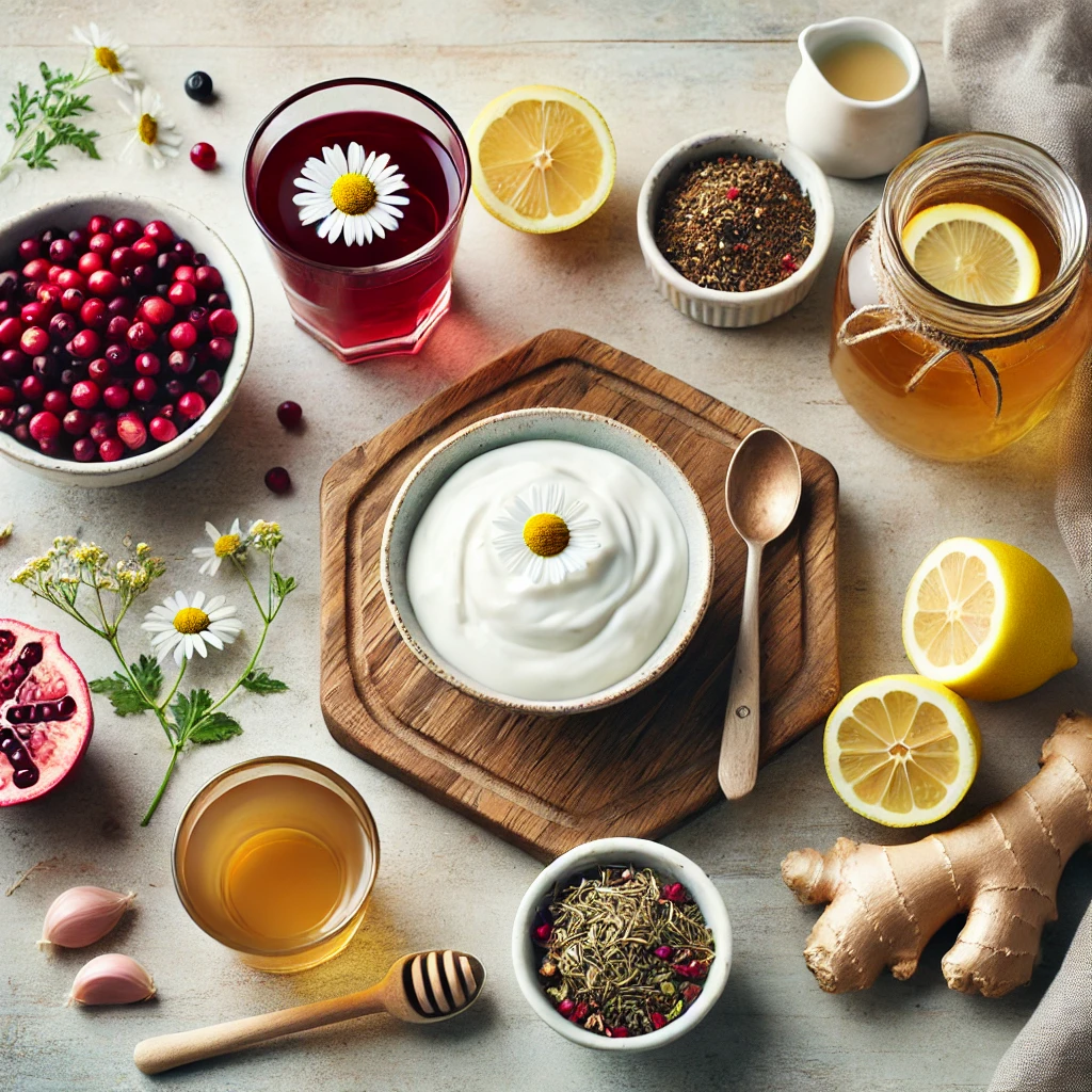 Natural remedies for yeast infections, including cranberry juice, probiotics, and herbal teas