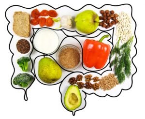 7-day gut-health meal plan with salmon, veggies, and fermented foods on a table.
