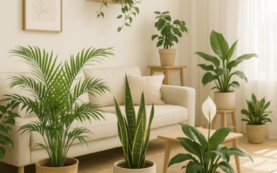 Indoor plants for oxygen arranged in a bright living room — Areca Palm, Snake Plant, and Peace Lily.