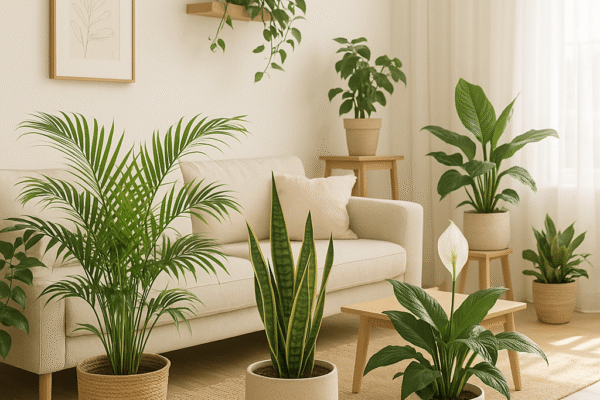Indoor plants for oxygen arranged in a bright living room — Areca Palm, Snake Plant, and Peace Lily.